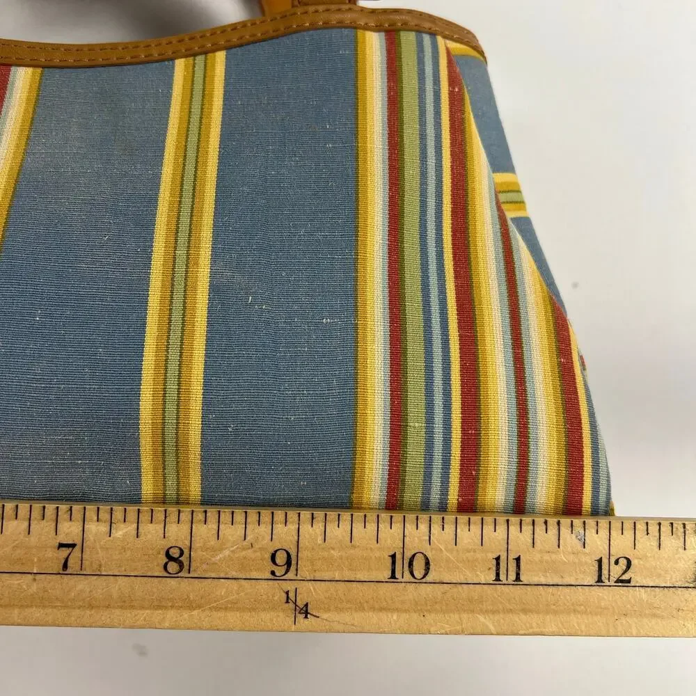 Fossil Cabana Stripe Canvas Wood Handled Satchel Handbag Purse Multicolor